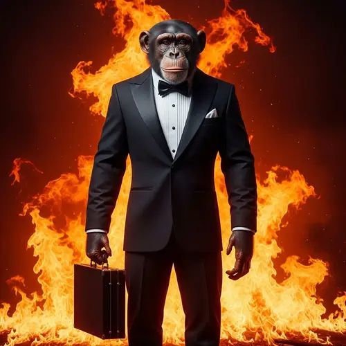 Chimpanzee in Tuxedo Holding Briefcase - Surreal Wild vs Civilized Image