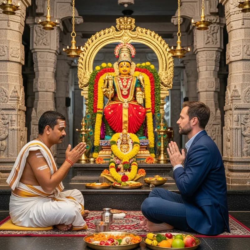 South Asian Pandit Conducting Pooja for Customer in Richly Decorated Temple South Asian Pandit Conducting Pooja for Customer in Richly Decorated Temple