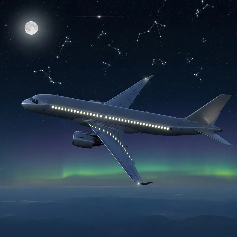 Aesthetic Airplane Soaring in Night Sky