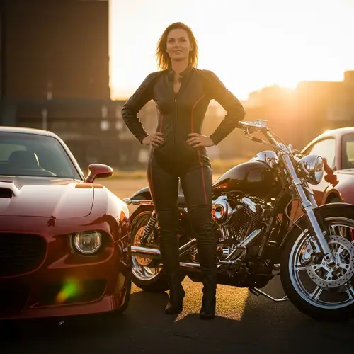 Photorealistic Woman in Leather Suit by Red Car and Motorcycle