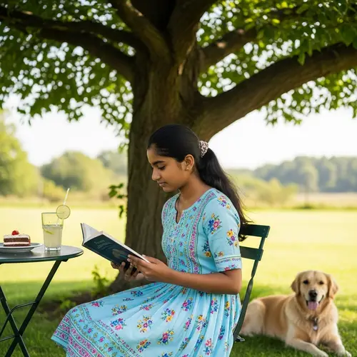 Young South Asian Girl Reading Book Under Shady Tree