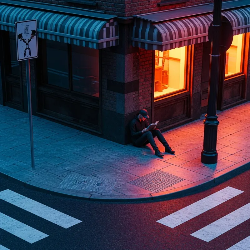 Detailed 3D Art: Melancholic Character Reading in City Setting
