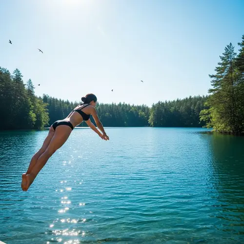 Middle-Eastern Woman Ready to Dive into Clear Blue Lake
