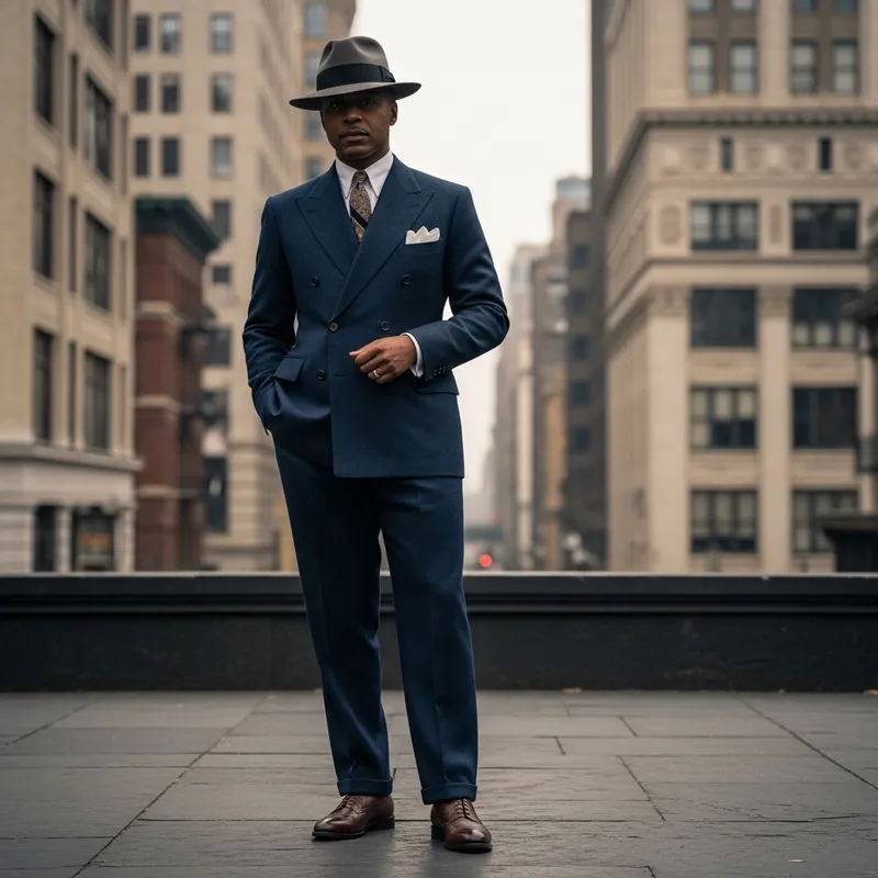 Distinguished 1930s Gentleman in Classic Suit & City Skyline