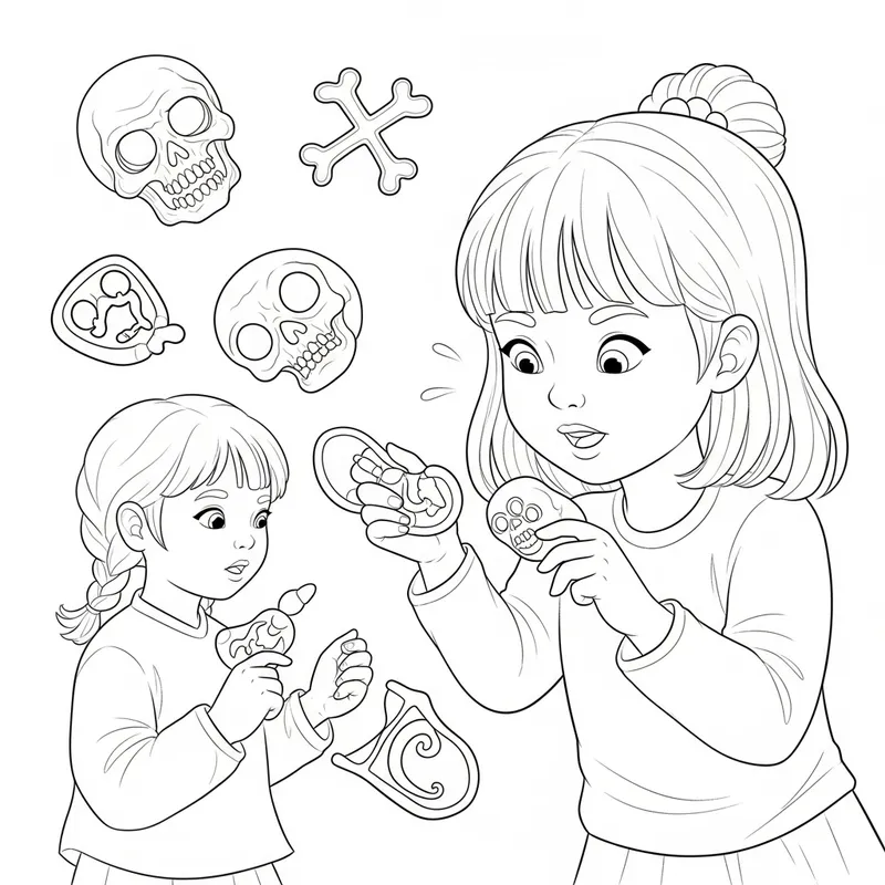 Whimsical Cartoon Coloring Page: Child with Death Symbols