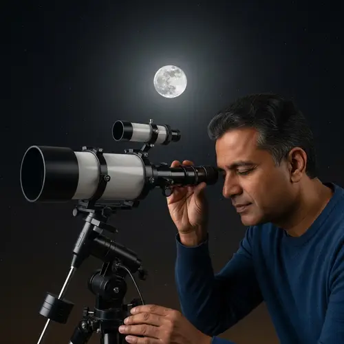 Middle-Aged Man Stargazing with Telescope | Celestial Night Scene