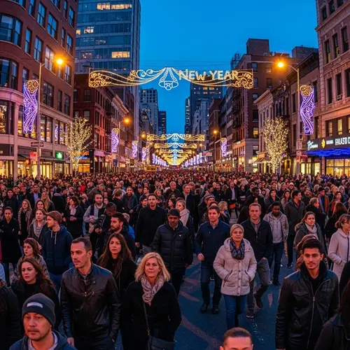 Bustling City Street at Dusk | New Year's Eve Festive Scene