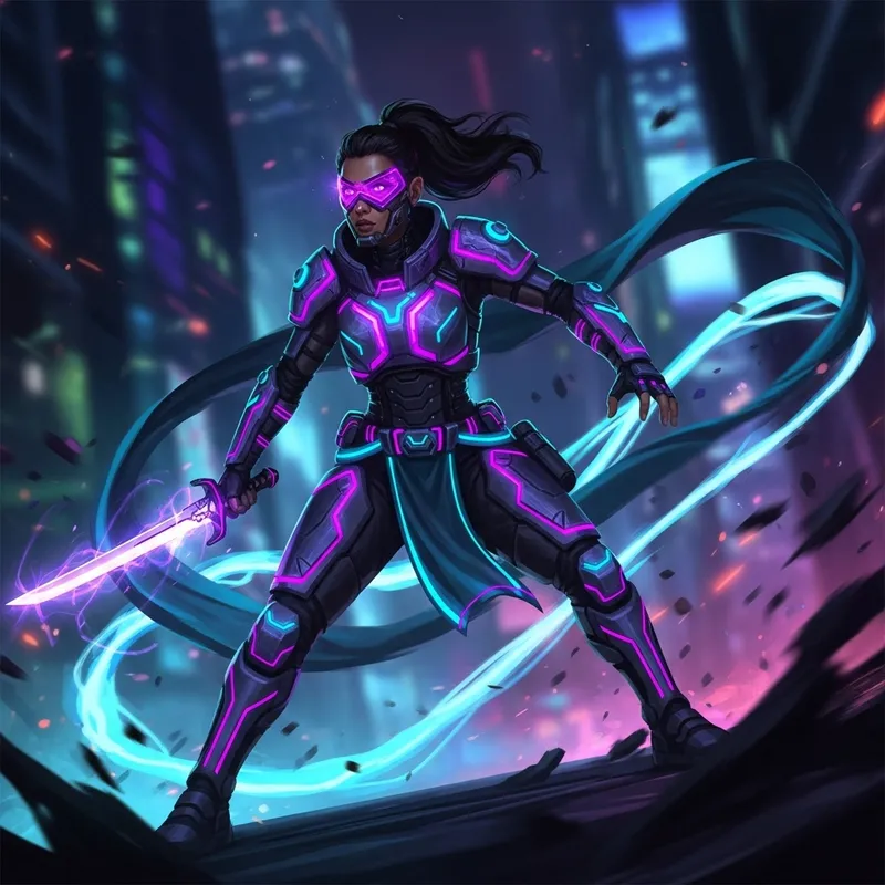 Dynamic Cyberpunk Warrior in Vibrant Neon Armor