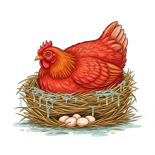 Bright Red Hen Sheltering in Nest with Eggs