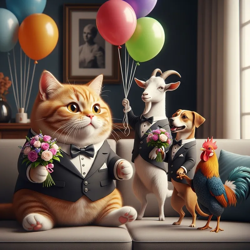 Realistic British Cat in Tuxedo with Party Animals
