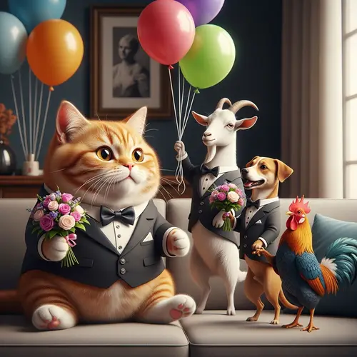 Hyperrealistic Cartoon Cat in a Tuxedo with Friends