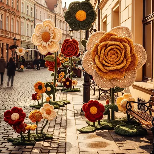 Large Knitted Flowers on Poznan Streets | Kodak Portra Aesthetic