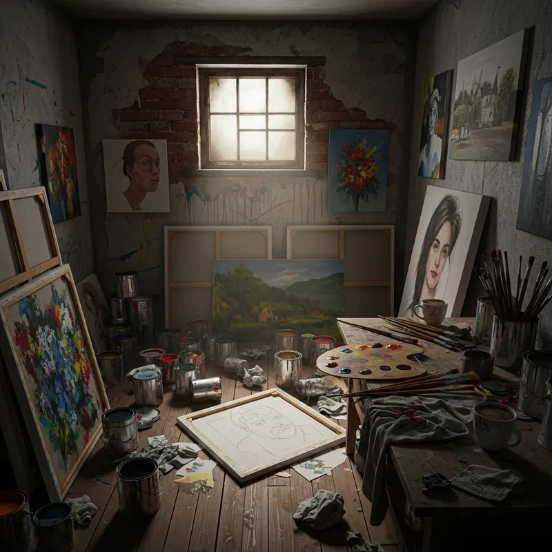 Creative Chaos: Paint Cans, Artwork, and Dim Light