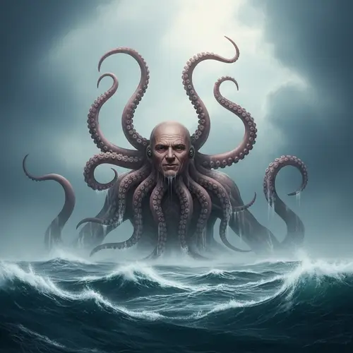 Kraken with Human Face: Mythical Marine Creature in Raging Ocean