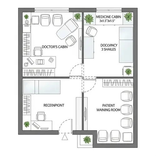 Homoeopathy Clinic Layout Design: Doctors Cabin, Medicine Cabin, Patient Waiting Room