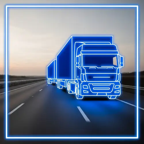 Abstract Neon Truck on Multilane Highway - Geometric Contrast