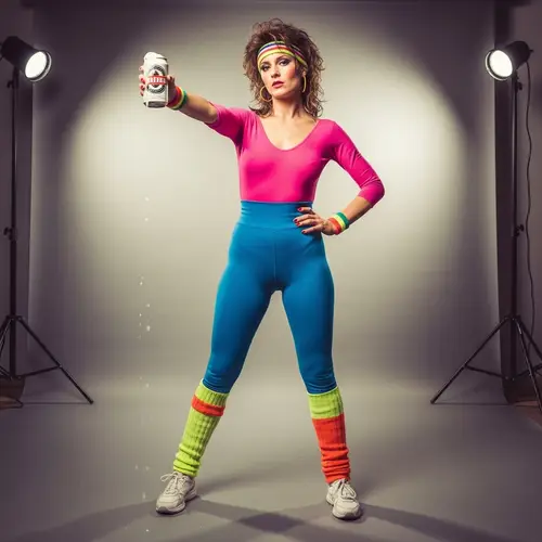 Vintage 80's Woman in Workout Gear with Beer