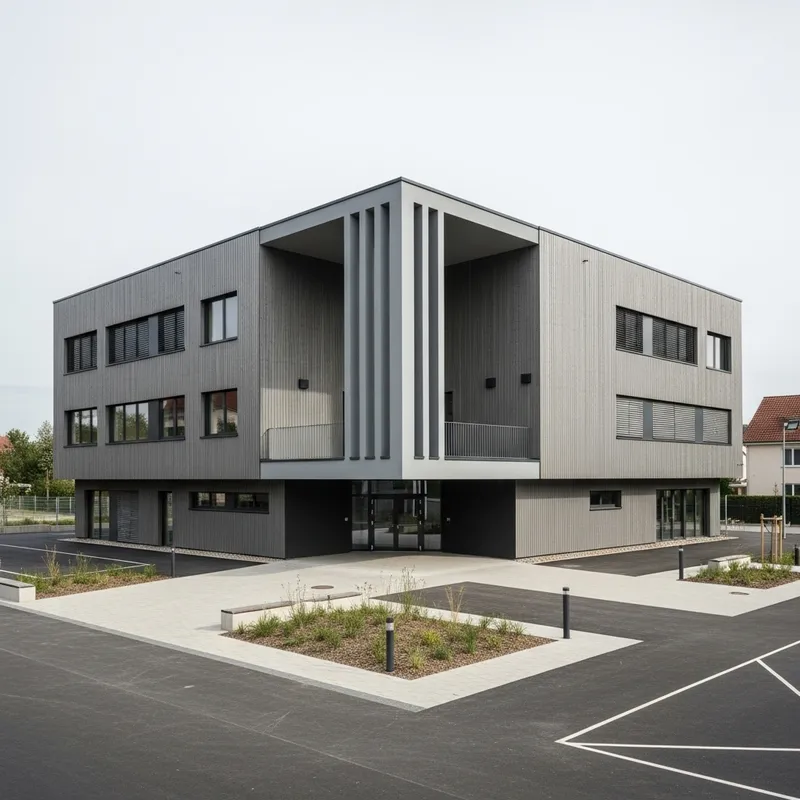Modern Schoolyard with Gray Wood Facade | 70m by 70m