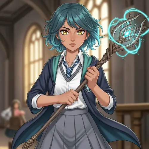 Middle-Eastern Teenage Girl with Turquoise Hair at Wizarding School