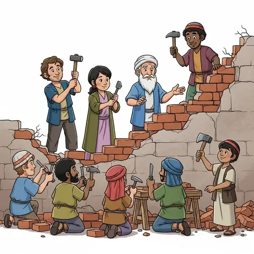 Nehemiah & Diverse Team Rebuild Crumbled Wall in Cartoon Style