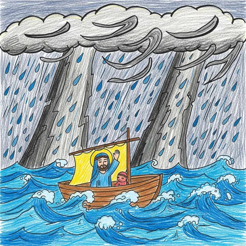 3-Year-Old Crayon Drawing Depicting Jesus Calming a Storm