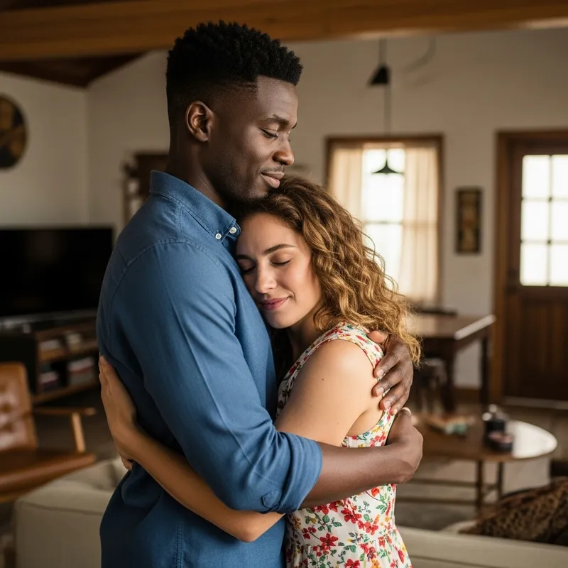 Affectionate Black Man & Caucasian Wife Embracing | Heartwarming Hug