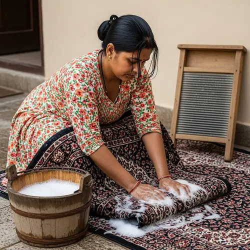 South Asian Woman Washing Large Patterned Carpet Outdoors
