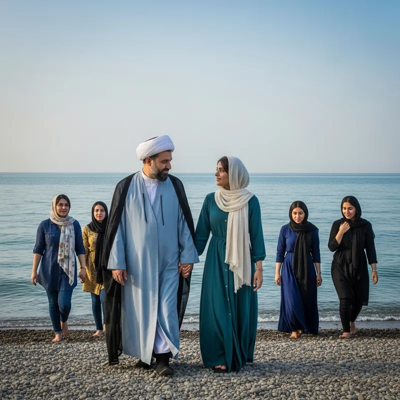 Shiite Cleric and Unveiled Girl by Caspian Sea - Romantic Moment