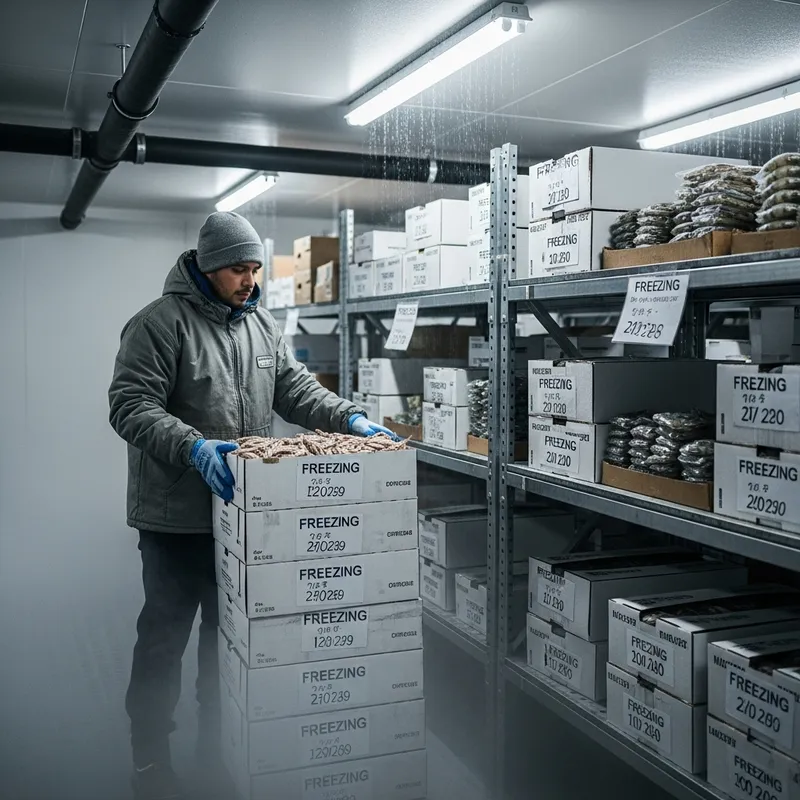 Cold Storage Room: Hispanic Worker Organizing Fish and Shrimp