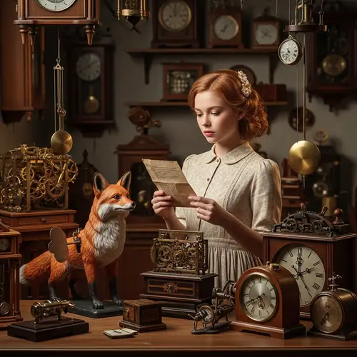 Vintage Clockmaker’s Shop Scene with a Girl and Wind-Up Fox