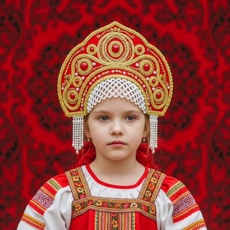 Enchanting Caucasian Girl in Traditional Kokoshnik Folk Dress