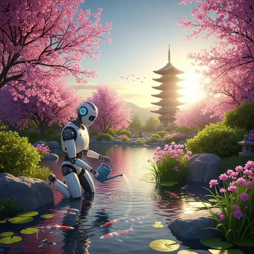 Tranquil Japanese Garden with High-Tech AI Robot