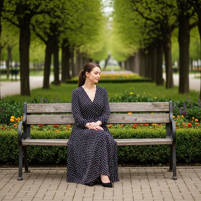 Woman in Long Dress Sitting on Bench in Park