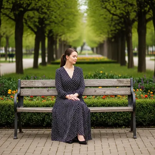 Tranquil Serenity: Beautiful Woman in Polka Dot Dress on Park Bench
