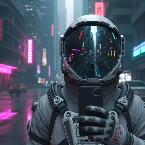 Futuristic Cyberpunk Astronaut Selfie in Neon Cityscape