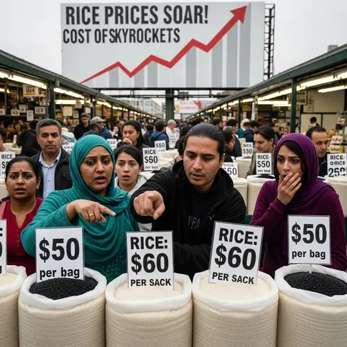 High Rice Prices Market Scene - Surprised Shoppers