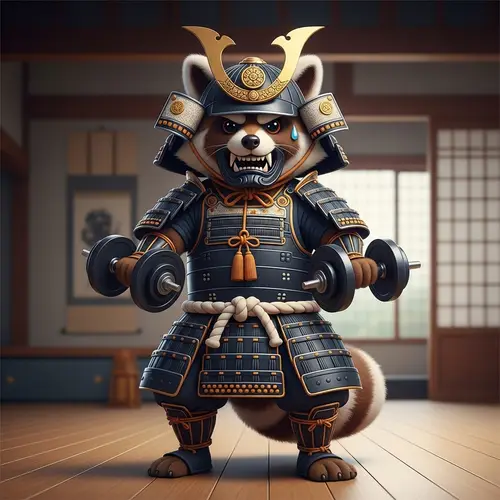 Raccoon Mascot in Shogun Armor Exercising with Dumbbells