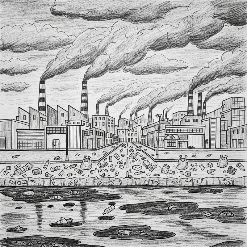World Pollution Sketch: Factories, Plastic Litter & Oil Spills