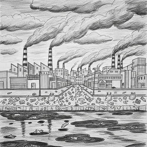 Pollution Sketch: Factories, Plastic Litter & Oil Spills