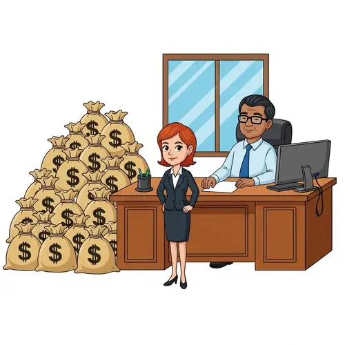 Cartoon Office Scene: South Asian Manager and Red-Haired Secretary