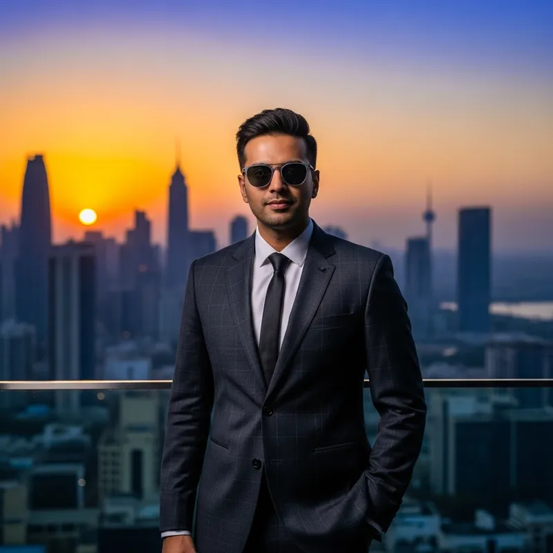 Ajju Bhai Stylish Suit Sunset City Skyline