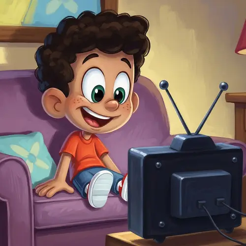 Playful Cartoon Boy on Couch - Classic December Morning Vibes