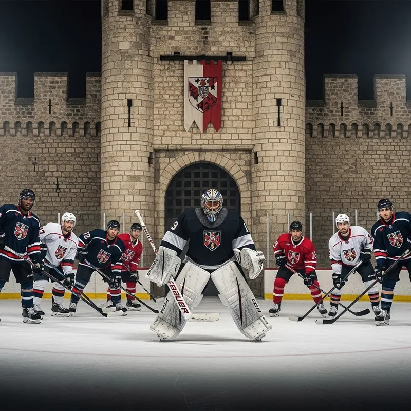 Medieval Hockey Knight Defends Castle Gate