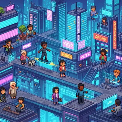 Pixelated Cyber City: Diverse Men and Women in Futuristic Setting