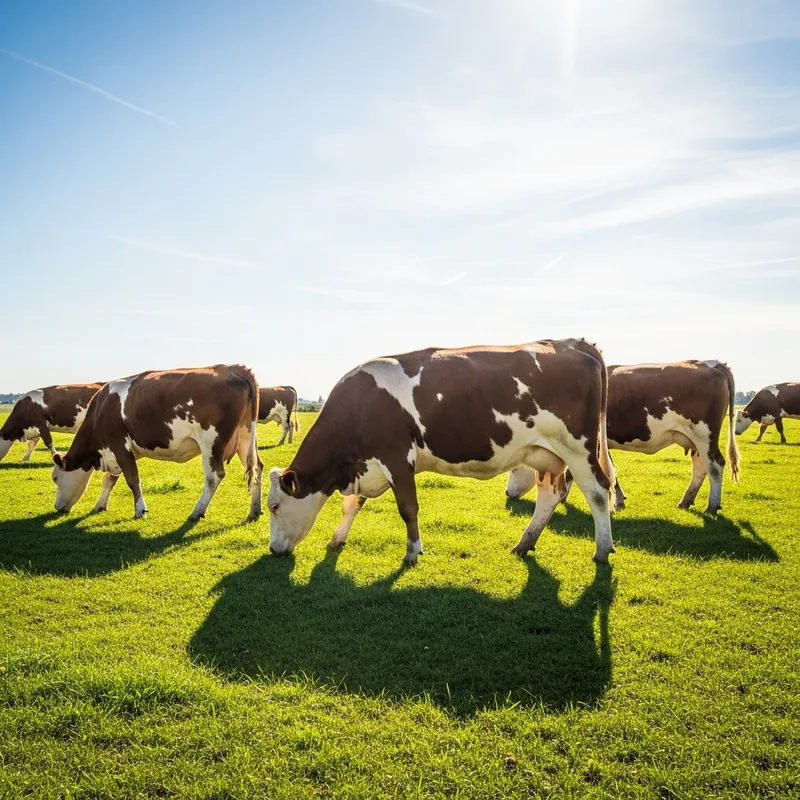Brown-White Simmental Cows Grazing on a Bright Meadow