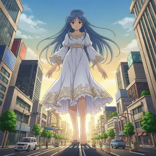 Colossal Anime-Style Character Walking Through Miniature Cityscape