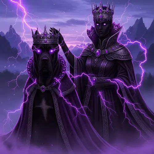 Mystical Shadow Dog and Human Monarchs with Purple Lightning