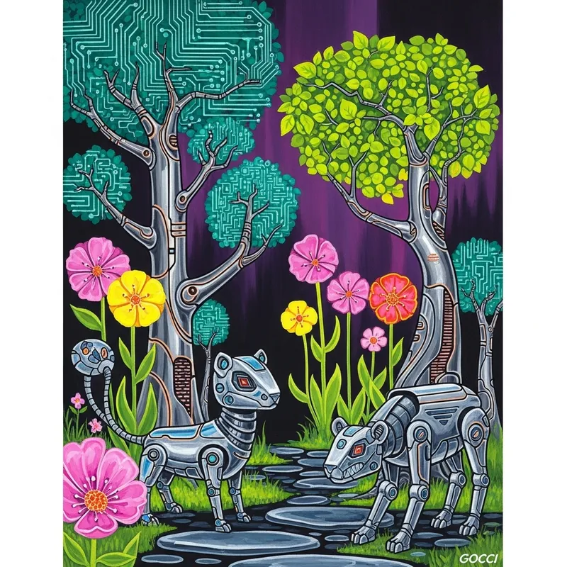 Whimsical Cyberpunk Nature Illustration in Grimes Style | Neo-Gothic Aesthetic