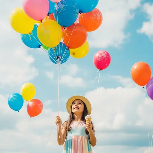 Young Hispanic Girl Surrounded by Colorful Balloons Outdoors