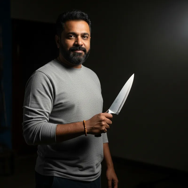 Middle-Aged Man Holding Knife in Dim Room